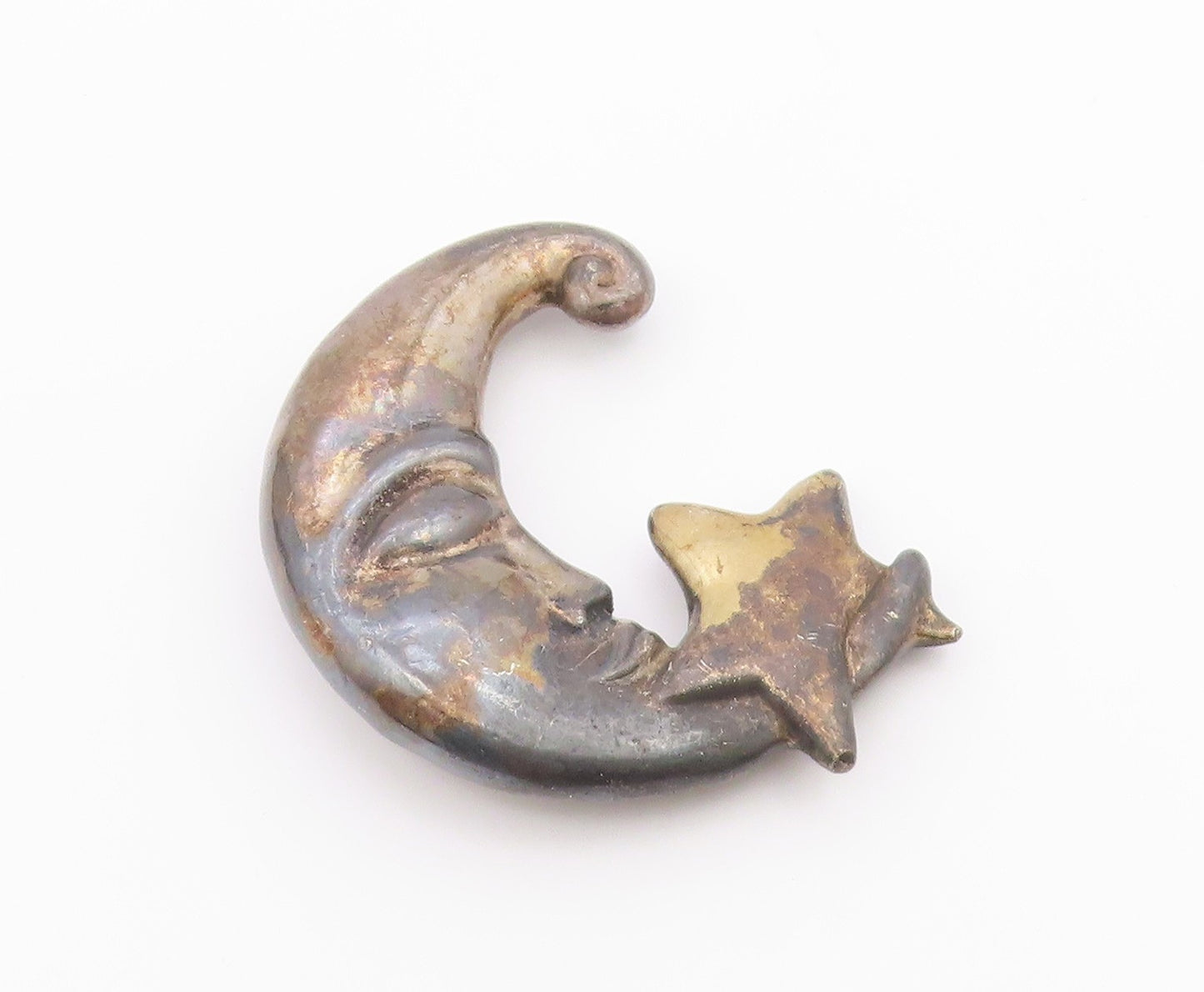 925 Sterling Silver  Vintage Crescent Moon Face & Star Brooch Pin  BP7881