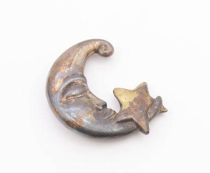 925 Sterling Silver  Vintage Crescent Moon Face & Star Brooch Pin  BP7881