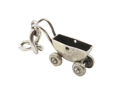 925 Sterling Silver  Vintage Petite Old Fashioned Baby Carriage Pendant PT8221