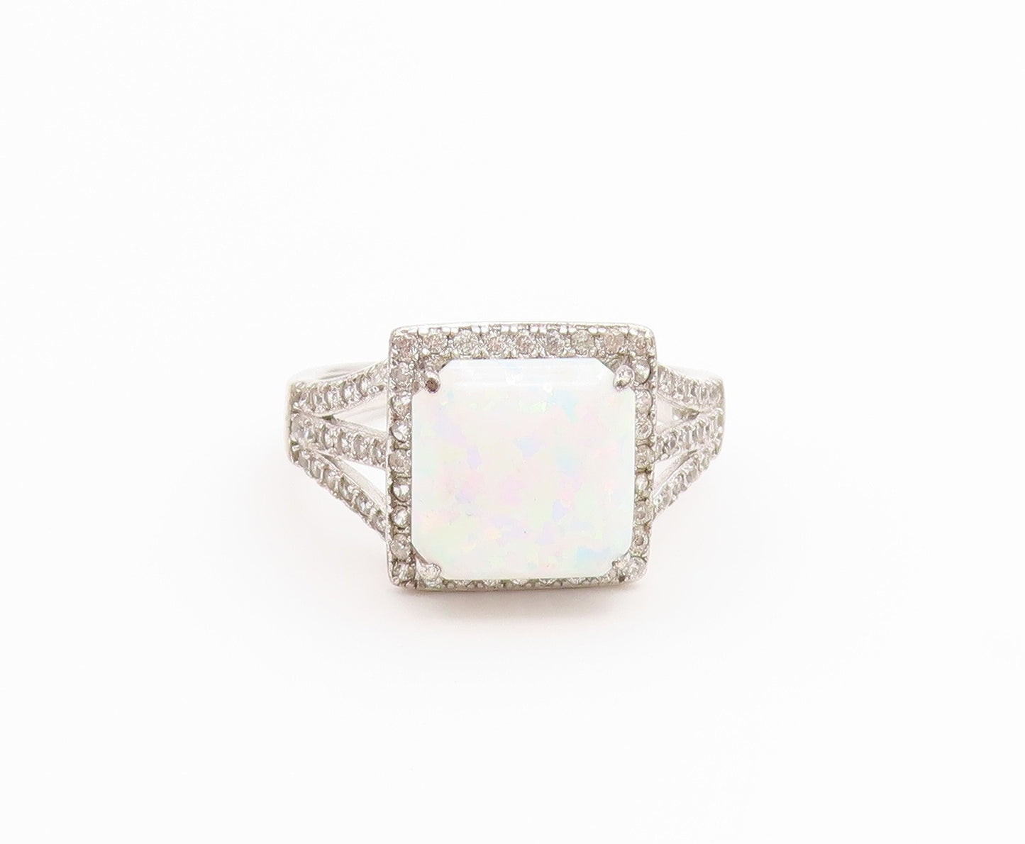 925 Sterling Silver Vintage Ring Fire Opal & CZ Statement Band  Sz 8  RG36698