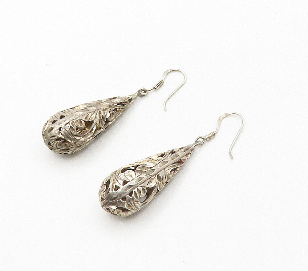 925 Sterling Silver  Vintage Diamond Cut Floral Swirl Dangle Earrings  EG7821
