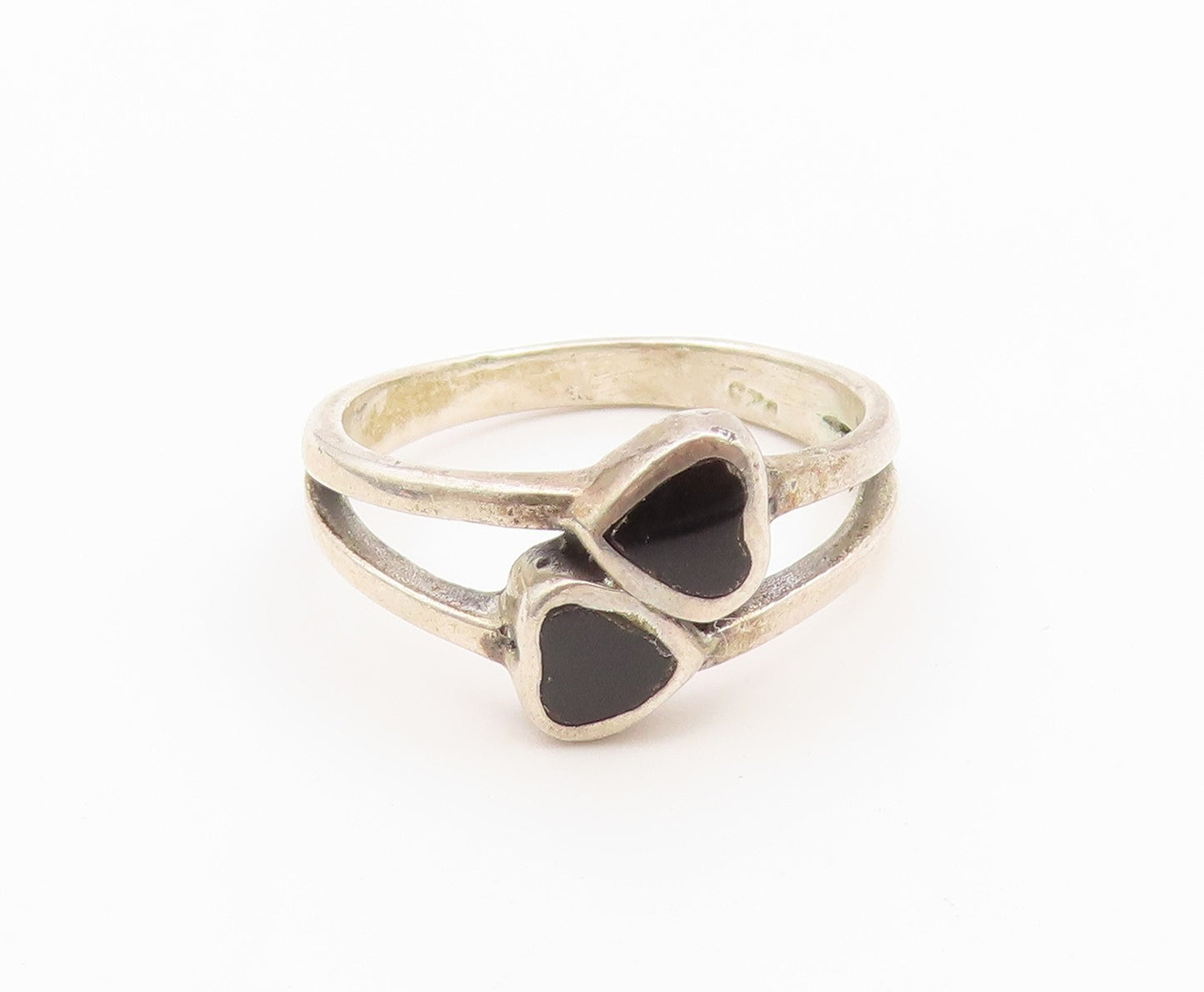 925 Sterling Silver Vintage Ring Black Onyx Double Love Heart  Sz 7.5  RG36859