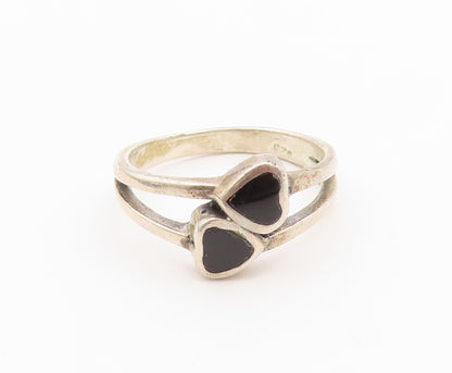 925 Sterling Silver Vintage Ring Black Onyx Double Love Heart  Sz 7.5  RG36859