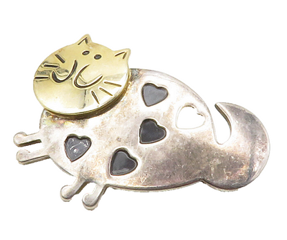 925 Silver  Vintage Black Onyx Two Tone Heart Spotted Cat Brooch Pin  BP6446