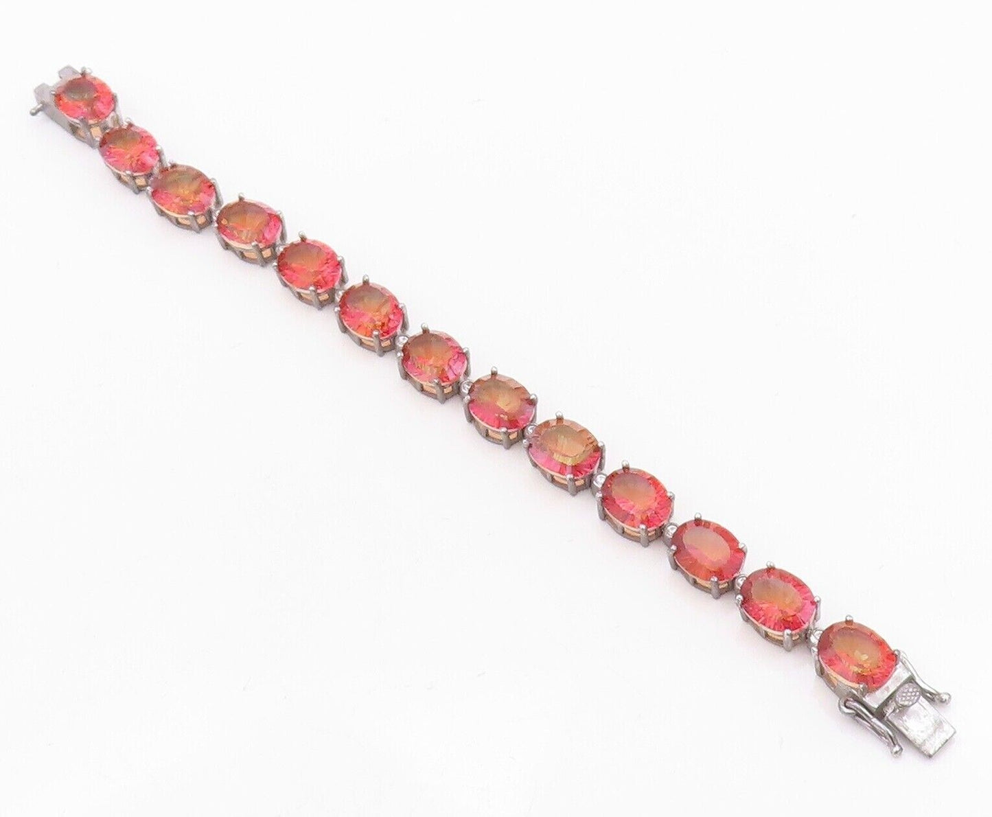 925 Sterling Silver Vintage Bracelet Orange Oval Cut Gemstone & CZ Links BT10751