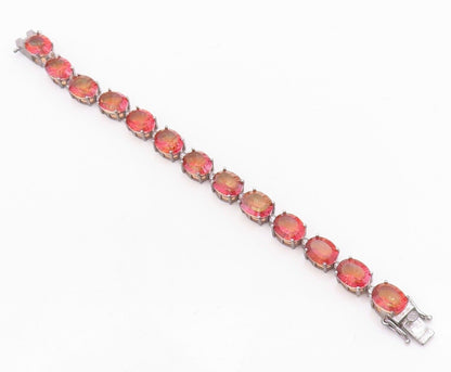 925 Sterling Silver Vintage Bracelet Orange Oval Cut Gemstone & CZ Links BT10751