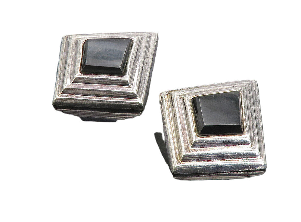 MEXICO 925 Sterling Silver  Vintage Black Onyx Non Pierce Earrings  EG4479