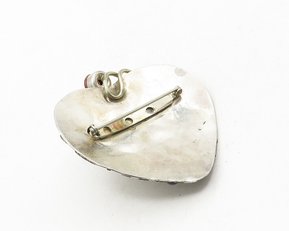 925 Sterling Silver  Vintage Black Onyx & Carnelian Heart Brooch Pin  BP4078