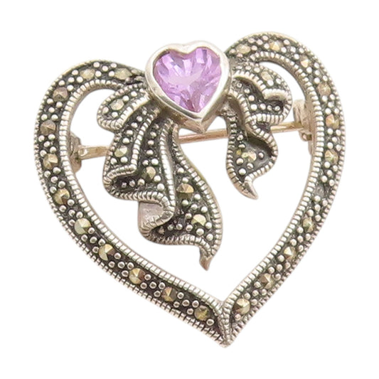 925 Sterling Silver Vintage Brooch Amethyst Marcasite Love Heart Ribbon  BP11994