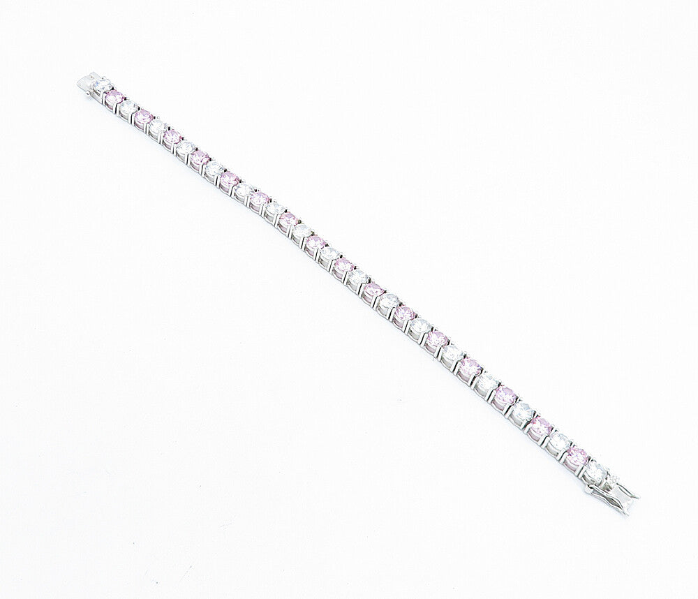 925 Sterling Silver   Pink & White Cubic Zirconia Tennis Bracelet  BT3233