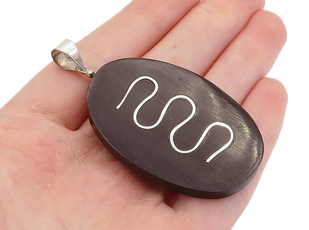 925 Sterling Silver  Shiny Squiggle Swirl Detail Oval Wooden Pendant  PT6092