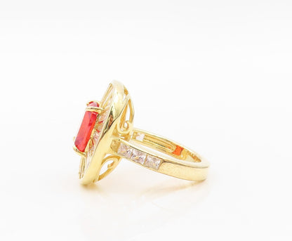 925 Sterling Silver Vintage Ring Gold Plated Red & White CZ Inlay  Sz 7  RG30243