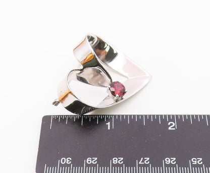 925 Sterling Silver  Vintage Garnet Shiny Love Heart Ribbon Brooch Pin  BP8226