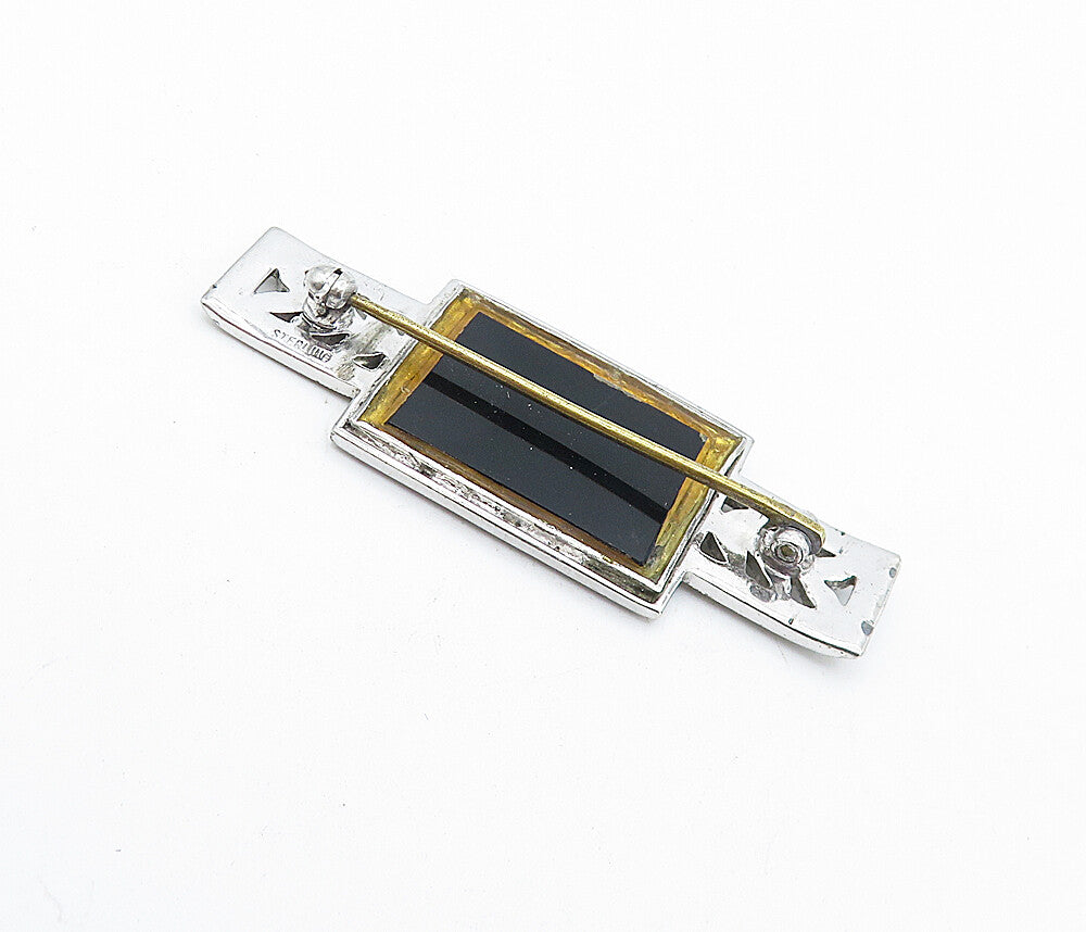 925 Sterling Silver  Vintage Black Onyx Floral Leaf Shiny Brooch Pin  BP1645