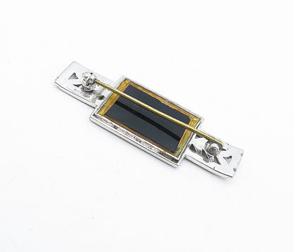 925 Sterling Silver  Vintage Black Onyx Floral Leaf Shiny Brooch Pin  BP1645