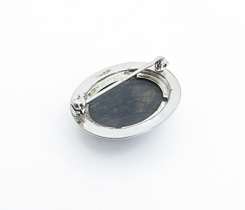 925 Sterling Silver  Vintage Cabochon Cut Black Onyx Oval Brooch Pin  BP1156