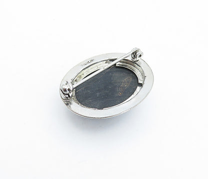 925 Sterling Silver  Vintage Cabochon Cut Black Onyx Oval Brooch Pin  BP1156