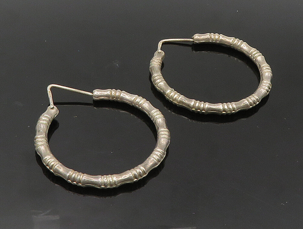 925 Sterling Silver  Vintage Shiny Hollow Bamboo Hoop Earrings EG11537