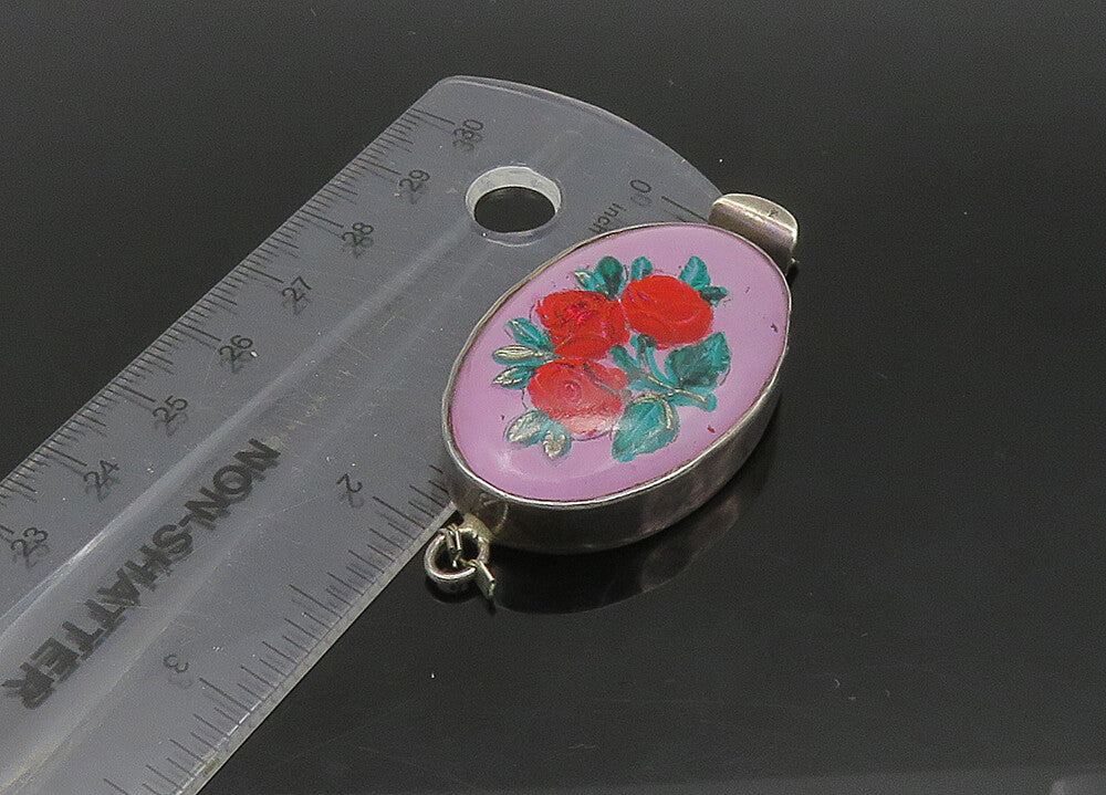 925 Sterling Silver  Vintage Enamel Floral Art Oval Trinket  TR3123