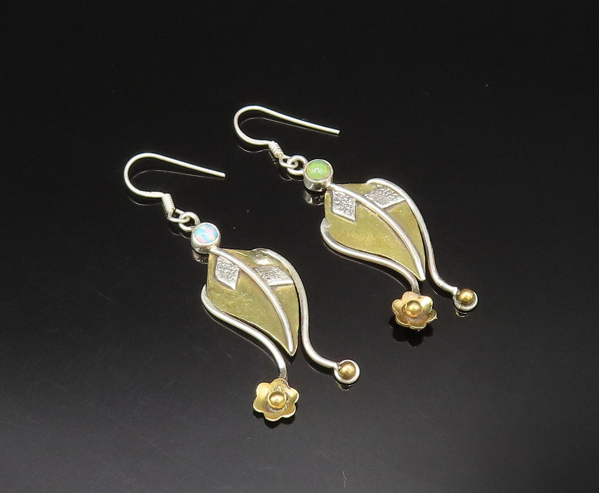 925 Silver  Vintage Two Tone Floral Leaf Stem Fire Opal Earrings  EG11746
