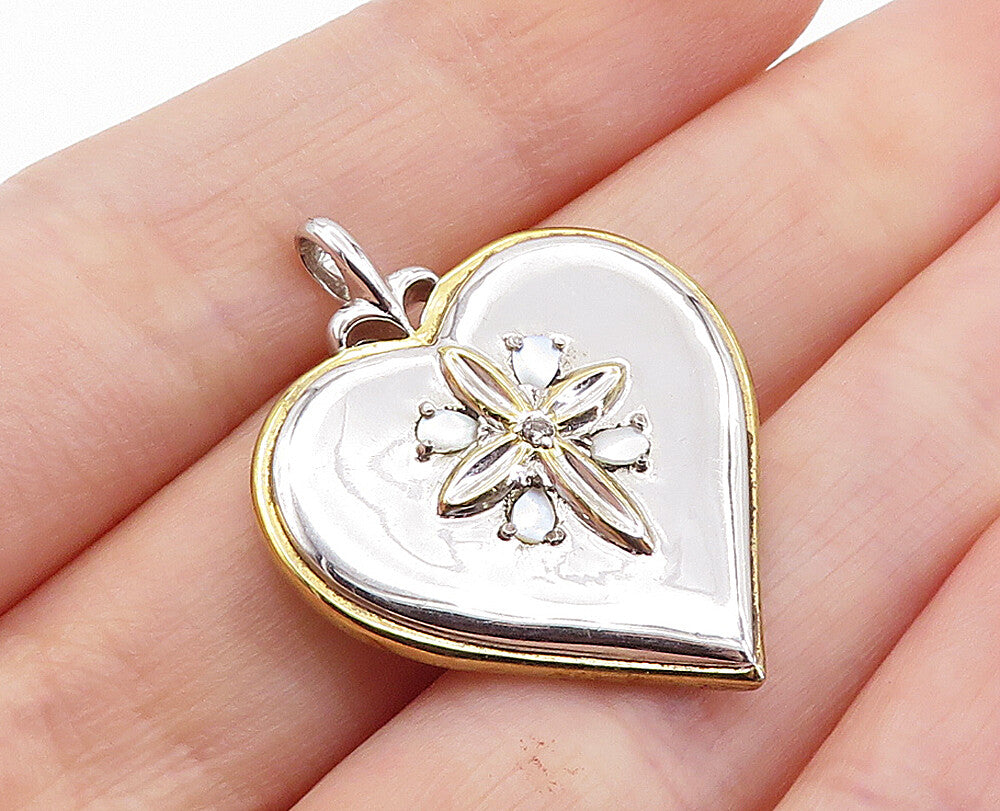 925 Silver  Mother Of Pearl & Genuine Diamond Cross Love Heart Pendant  PT5171
