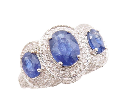 925 Sterling Silver Vintage Ring Oval Cut Sapphire Halo CZ Bands  Sz 8  RG29757