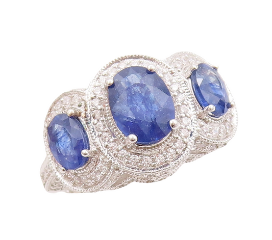 925 Sterling Silver Vintage Ring Oval Cut Sapphire Halo CZ Bands  Sz 8  RG29757