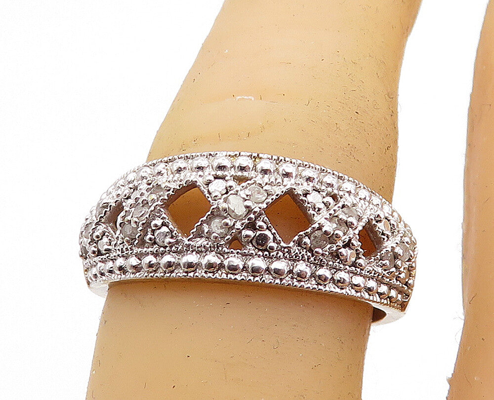 925 Sterling Silver  Vintage Genuine Diamonds X Design Band Ring Sz 7  RG7031