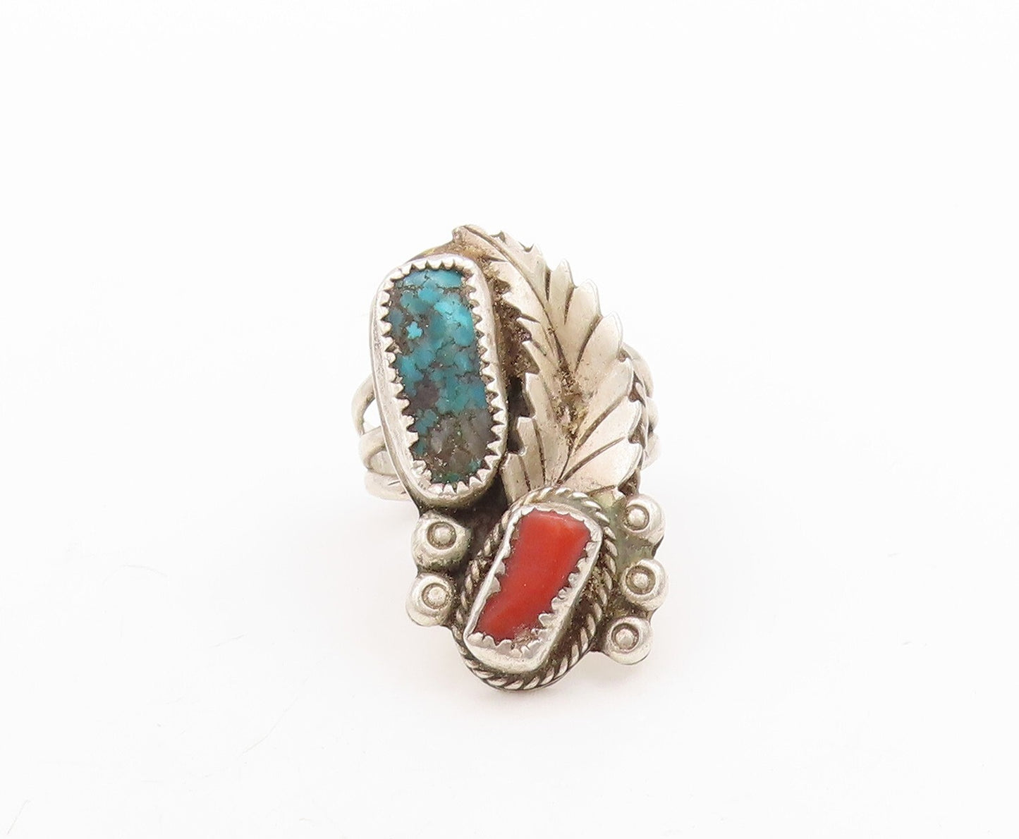 925 Sterling Silver Vintage Ring NAVAJO Turquoise Carnelian Floral Sz 10 RG31655