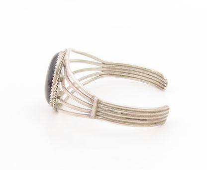 925 Sterling Silver Vintage Bracelet NAVAJO Cabochon Black Onyx Cuff  BT12001