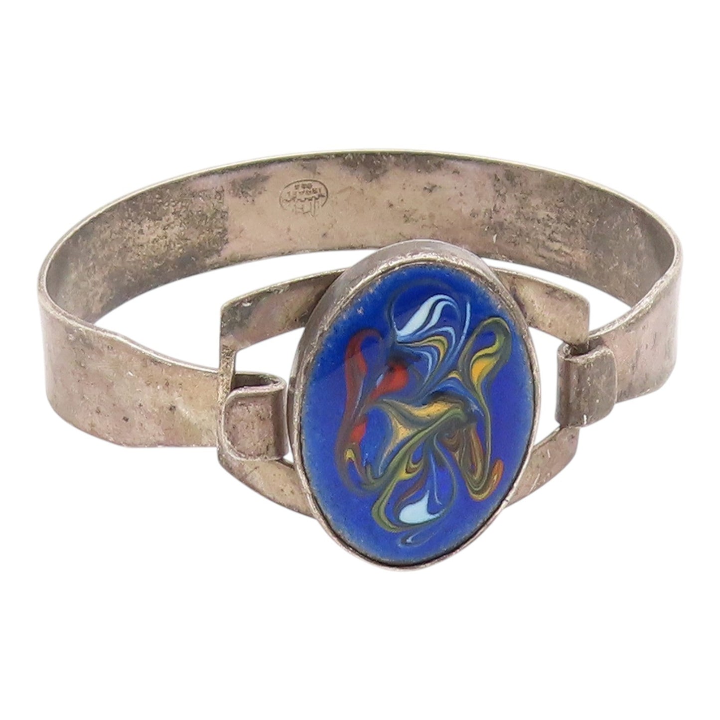 ISRAEL 925 Sterling Silver  Vintage Enamel Art Hook Bangle Bracelet  BT9307