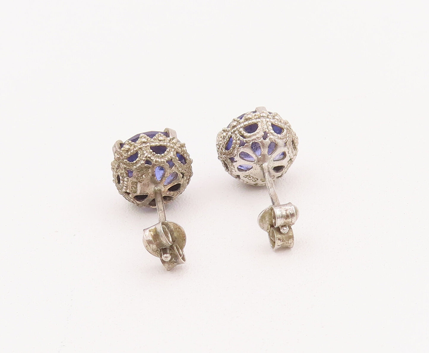 925 Sterling Silver Vintage Earrings Round Cut Purple CZ Carved Studs  EG12901