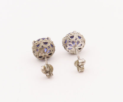 925 Sterling Silver Vintage Earrings Round Cut Purple CZ Carved Studs  EG12901