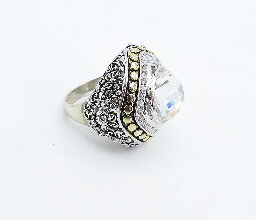 925 Sterling Silver  Cubic Zirconia 2 Tone Floral Cocktail Ring Sz 9.5  RG4947