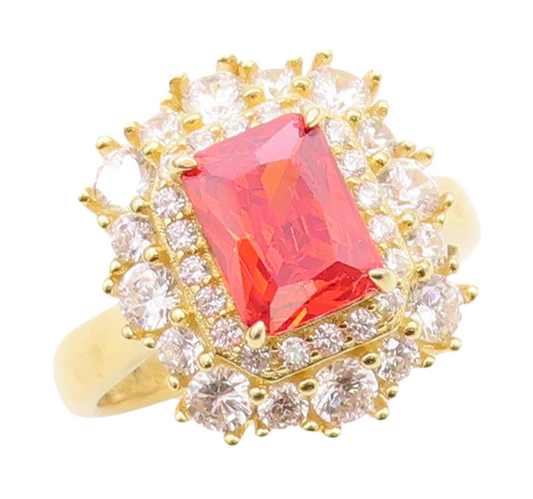925 Sterling Silver Vintage Ring Gold Plated Red Beaded White CZ  Sz 7  RG30165