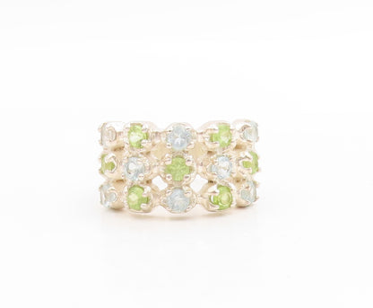 925 Sterling Silver Vintage Ring Peridot Blue Topaz Multi Row Band Sz 7 RG34074