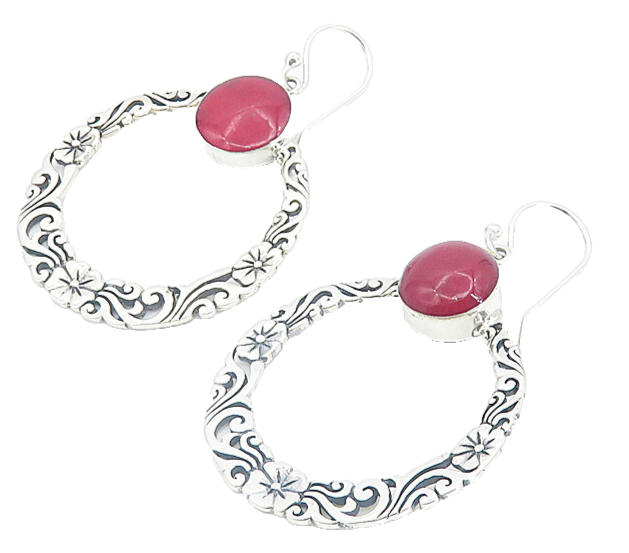 925 Sterling Silver Cabochon Cut Coral Floral Round Drop Earrings EG2983