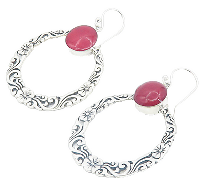 925 Sterling Silver Cabochon Cut Coral Floral Round Drop Earrings EG2983