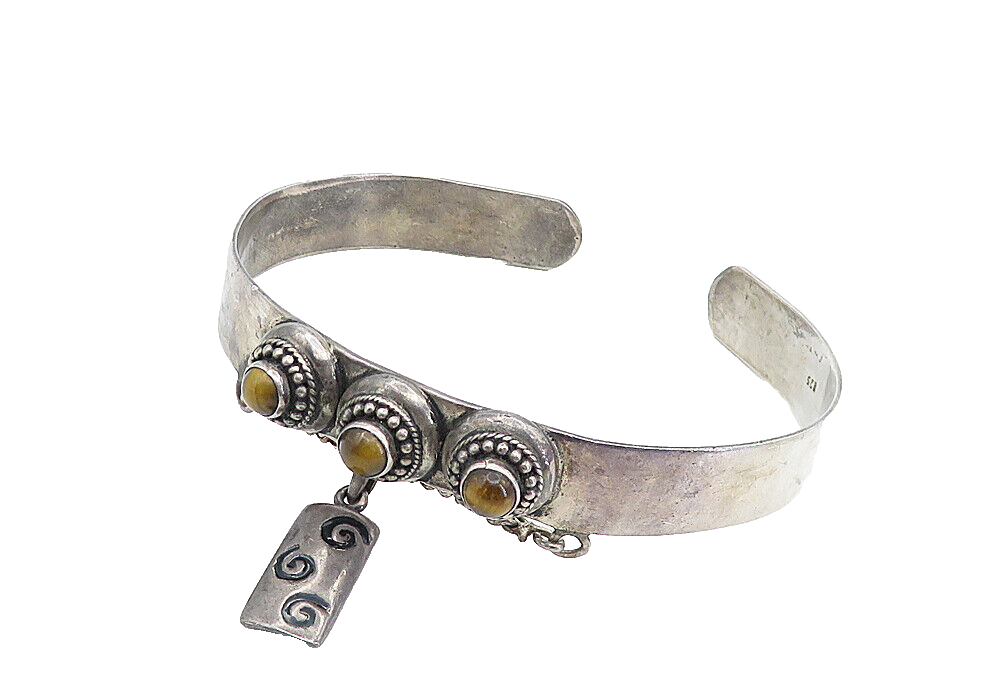 925 Sterling Silver  Vintage Antique Tiger's Eye Dome Cuff Bracelet  BT2972