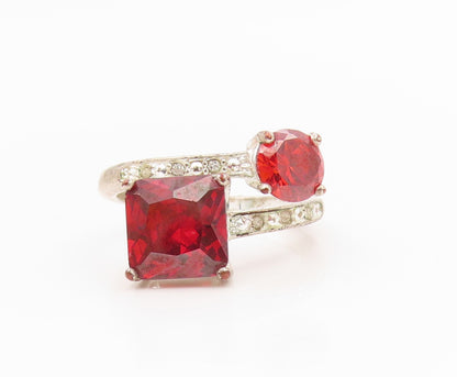 925 Sterling Silver Vintage Ring Two Shape Red CZ Elegant Bypass  Sz 6  RG34620