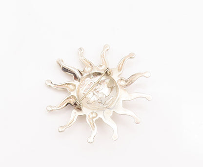 925 Sterling Silver Vintage Brooch Pin CAROLYN POLLACK Carved Sun Face  BP10808