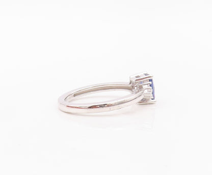925 Sterling Silver Vintage Ring Rectangle Cut Sapphire Beaded CZ  Sz 7  RG30139