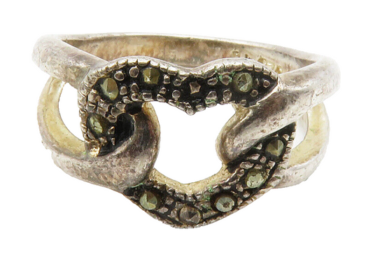 925 Sterling Silver Vintage Marcasite Open Love Heart Band Ring Sz 6 RG13771