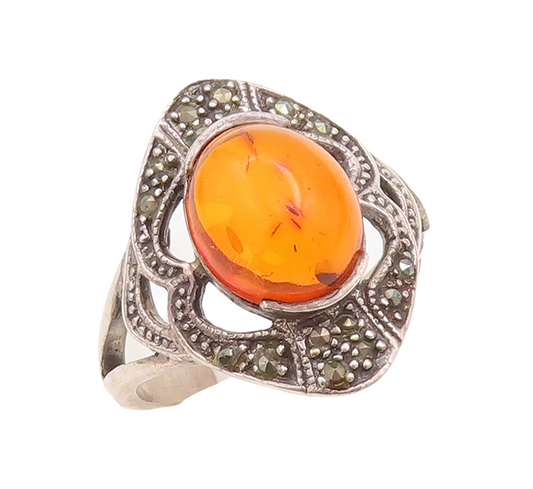 925 Sterling Silver Vintage Ring Designer Marcasite Inlay Amber  Sz 10  RG28784