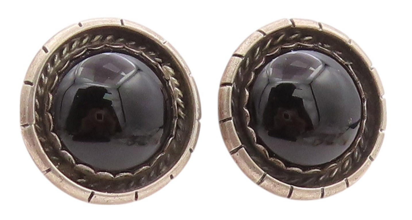 925 Sterling Silver Vintage Earrings Large Cabochon Onyx Carved Design  EG13541