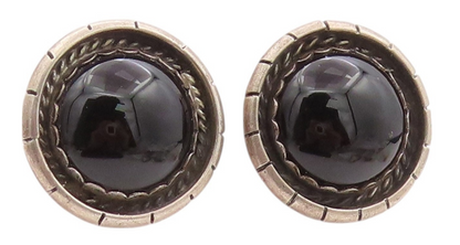 925 Sterling Silver Vintage Earrings Large Cabochon Onyx Carved Design  EG13541