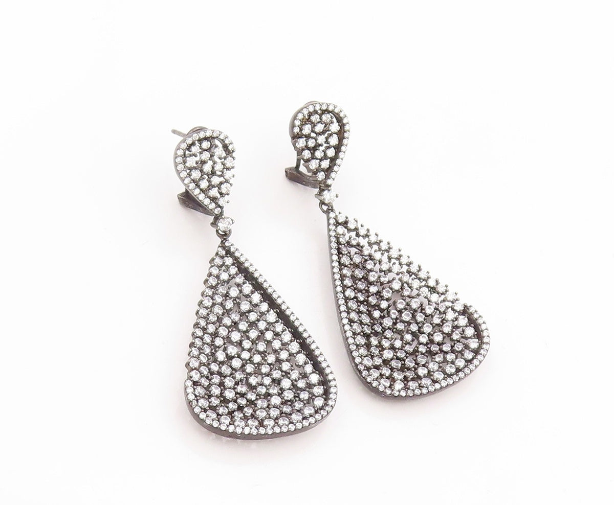 925 Sterling Silver Vintage Earrings Cluster CZ Pave Elegant Teardrop  EG14023