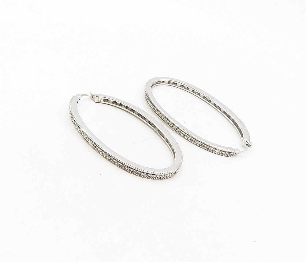 925 Sterling Silver  Shiny White Topaz Swirl Detail Oval Hoop Earrings  EG4667