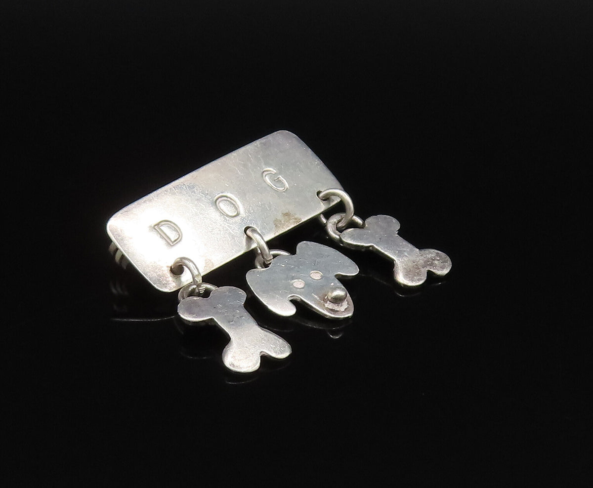 A&J HARVEY 925 Silver  Vintage Engraved Dog & Bones Charm Brooch Pin  BP9722