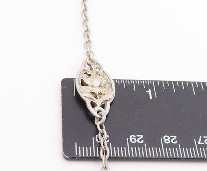 925 Sterling Silver Vintage Necklace Antique Floral Leaf Motif Long Chain NE4795